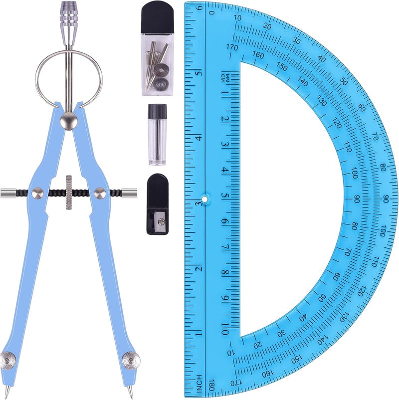 Unjoo Compass and Protractor Set, Professional Drawing Compass Tool, Metal Compass with Extra Refills, Compass for Geometry and 6 Inch Math Protractors 180 Degree (Blue) - Image 1